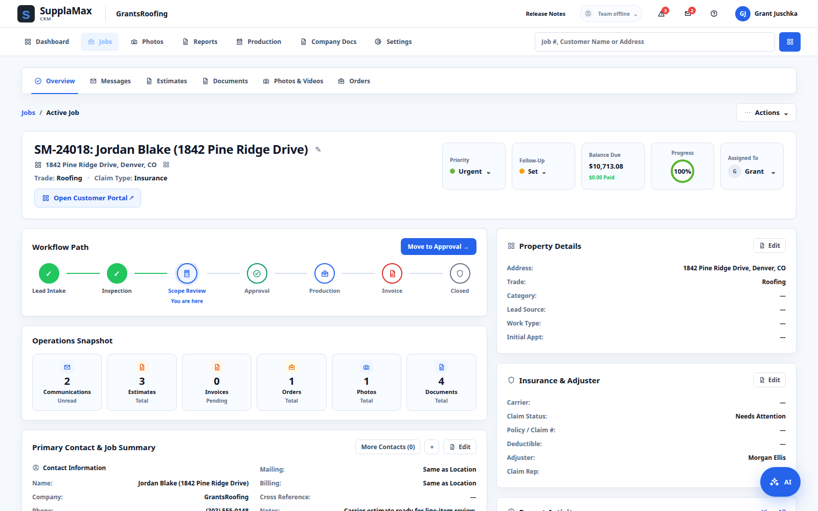 Sanitized SupplaMax job overview showing fictional workflow, property, insurance, and operational details