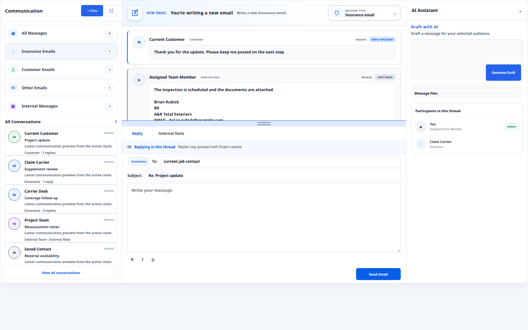 Sanitized SupplaMax Message Center with insurance, customer, other, and internal job conversations